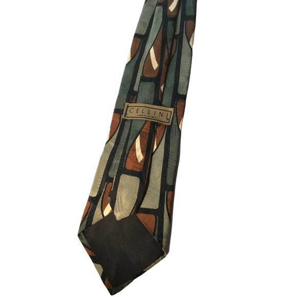 Cellini Linea Uomo Silk Neck Tie Green Brown Black Tan Abstract Art Deco Swing 5 - Picture 5 of 6